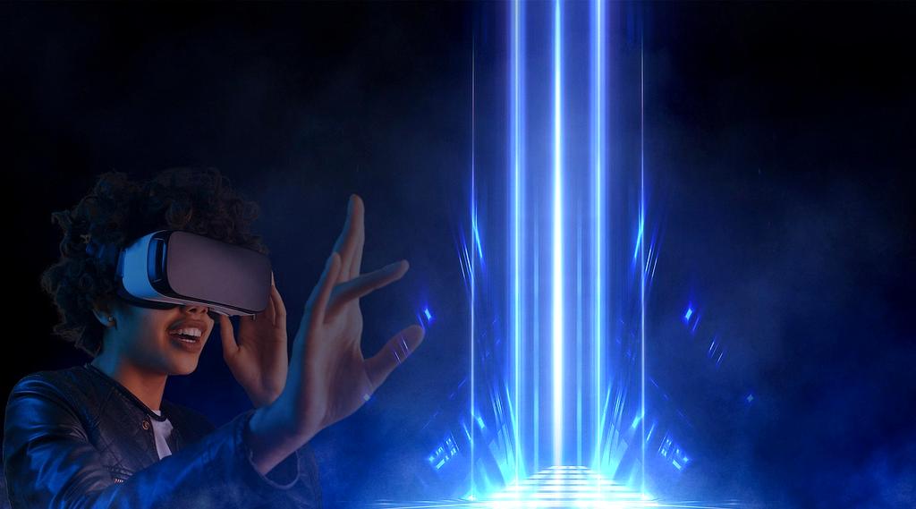 Emblème quantique avec particules d'énergie et symboles technologiques